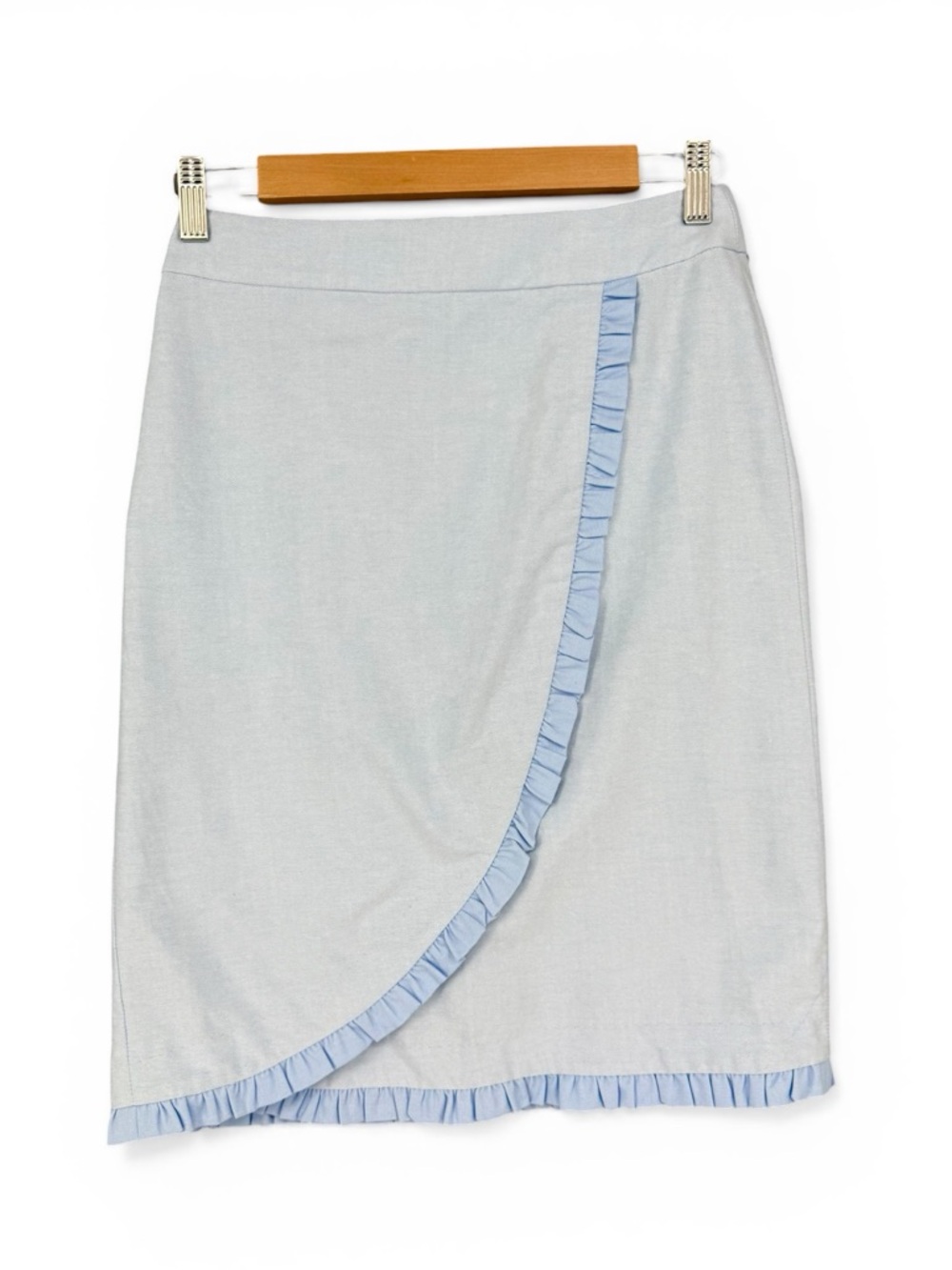 J.Crew Factory Oxford Fixed Wrap Ruffle Tulip Skirt Blue 100% Cotton Size 0